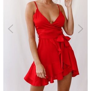 Selfie Leslie- Khandi Wrap Ruffle Dress Red